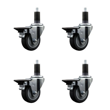Service Caster 3.5'' Thermoplastic Rubber Swivel 1-1/4'' Expanding Stem Caster Set with Brake, 4PK SCC-EX20S3514-TPRB-PLB-114-4